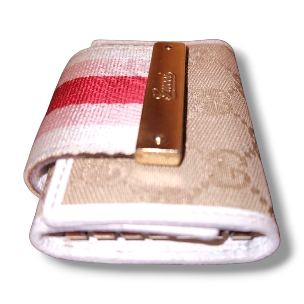 Gucci Signature GG Monogram Sherry Line Cream Red Pink Webbing 6 Key Card Holder - Picture 4 of 14